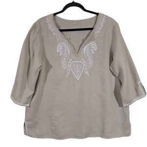 SYMPLE NYC 100% Linen Tunic Top Embroidered Pull Over Blouse Women's Taupe XL